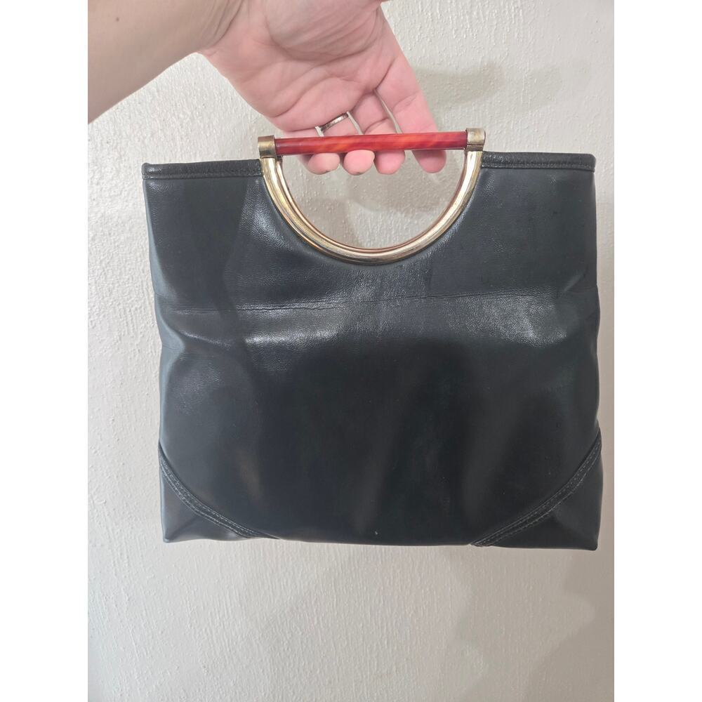 VTG black leather handbag clutch gold accents classic date night vibe romantic